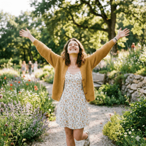 femme joyeuse dans les fleurs les bras en l'air