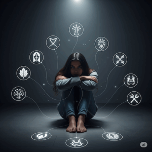 12 blessures pyshcologie image de femme symboles sur fond sombre