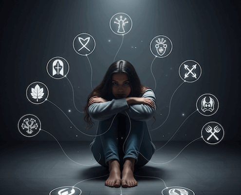 TCA 12 blessures psychologie image de femme symboles sur fond sombre