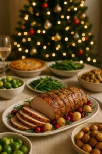 table de repas de Noël dressée avec rôti et autres plats 
