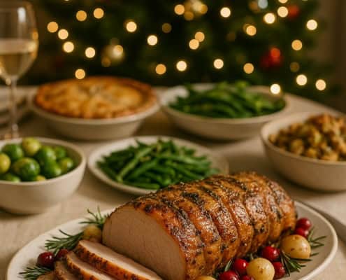 TCA table de repas de Noël dressée avec rôti et autres plats
