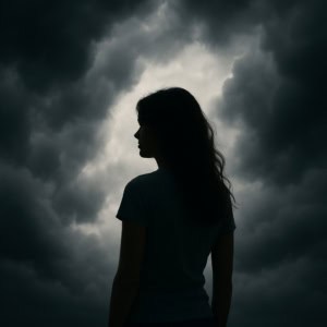 silhouette noire de femme entourée de nuages sombres psyché 