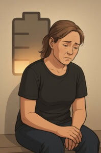Illustration_femme_assise_épuisée_dénutrie_par_régimes_batterie faible.