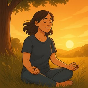 Illustration femme médite en tailleur au pied d'un arbre coucher de soleil