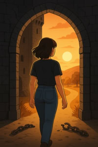 Illustration femme qui sort du château sombre vers la lumière 