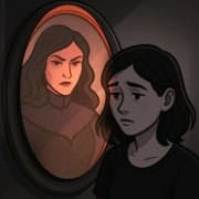 Reflet d'une femme anxieuse dans un miroir, thérapie pour boulimie et perte de poids à Paris.