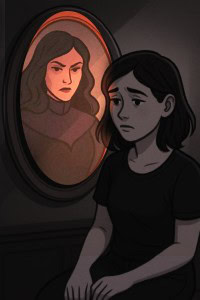 a cartoon of a woman looking at a mirror