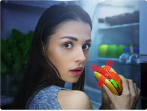 femme avec TCA qui mange un burger devant son frigo 