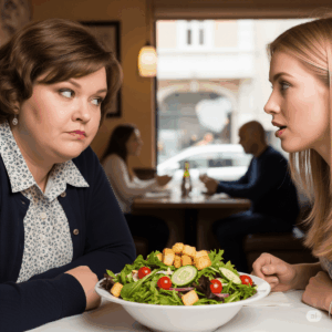 deux femmes qui parlent salade gossip agée et mince jeune