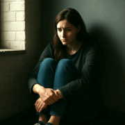 photo d'une fille souffrant de troubles alimentaires recroquevillée seule par terre car elle a peur du groupe