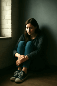photo d'une fille souffrant de troubles alimentaires recroquevillée seule par terre car elle a peur du groupe