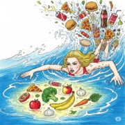 femme boulimie TCA nageant pour quitter la malbouffe, vers la nourriture saine