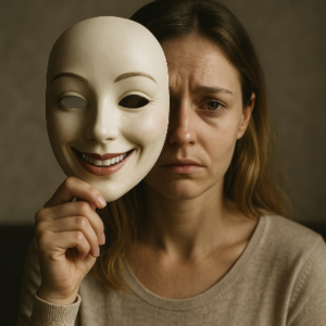 femme épuisée tient un masque souriant de femme parfaite