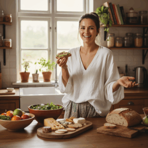 femme souriante devant tartine et plats, libérée charge mentale de la de nourriture