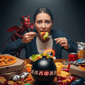 Femme en crise boulimie devant une bombe à retardement diable