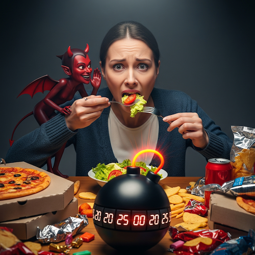 Femme en crise boulimie devant une bombe à retardement diable