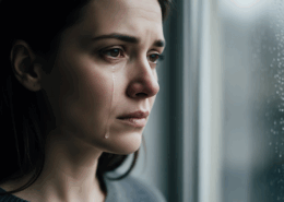 Femme qui pleure seule devant fenêtre solitude