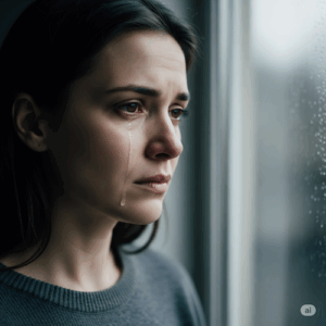 Femme qui pleure seule devant fenêtre solitude