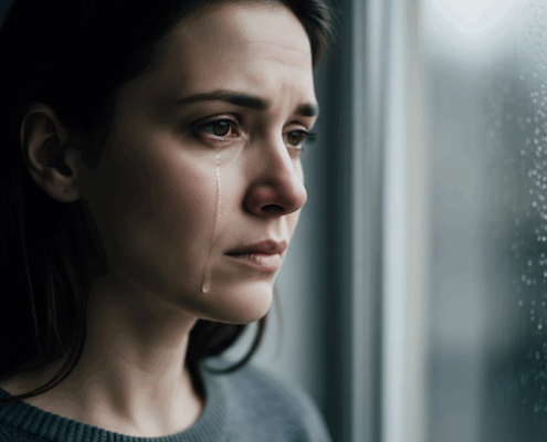 Femme qui pleure seule devant fenêtre solitude
