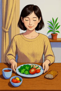 dessin en couleur de femme souriante apaisée avec son alimentation 