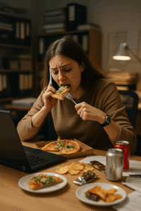 femme avec TCA débordée en crise alimentaire devant ordinateur charge mentale