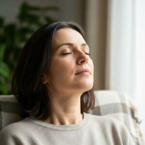 Femme pratique la cohérence cardiaque pour réduire les compulsions alimentaires