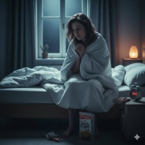 woman, at night, not sleeping, in bed, thinking, food, 3AM, insomnia