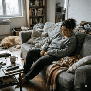femme découragée sur canapé 