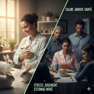 femme, expérience, lapin blanc, laborantine, famille, déjeuner difficile, tension, froid, TCA, empathie, stress