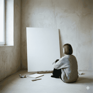 femme assise devant toile blanche.
