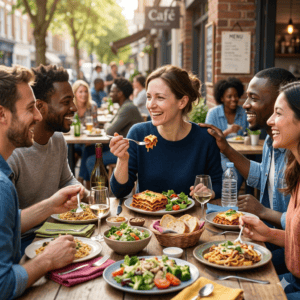 femme qui déjeune avec des amis