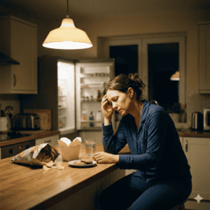 femme mange des chips dans sa cuisine le frigo ouvert