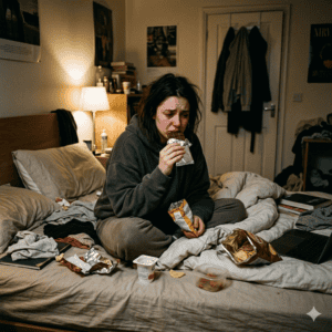 Femme qui a honte et qui mange en cachette sur son lit 