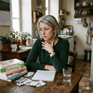 femme Désespérée devant ses livres de programme minceur. 