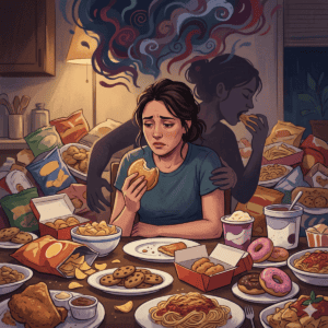 compulsions et ombre d'une femme qui mange