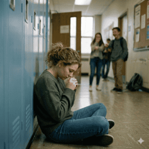 jeune fille harcelée assise devant casiers au lycée