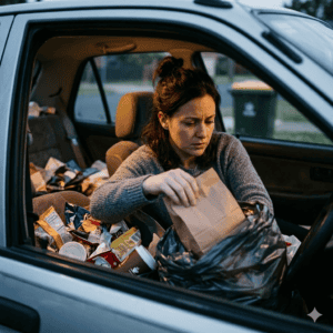 Femme qui nettoie les compulsions avec tous les emballages dans sa voiture 