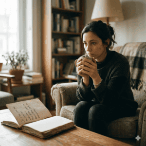 femme seule devant son journal intime réfléchit.