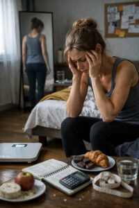 Femme assise au bord d’un lit, tête entre les mains, l’air anxieux, avec une balance au sol et un carnet de notes alimentaires sur la table ; son reflet dans le miroir montre une silhouette normale, illustrant la détresse invisible liée aux troubles alimentaires.