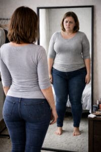 Femme en surpoids se regardant dans le miroir souffre de dysmorphophobie