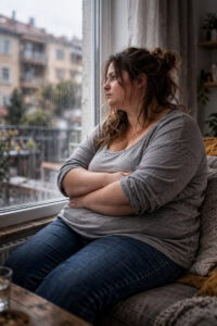 Femme seule regardant par la fenêtre, symbolisant l'isolement social causé par les troubles alimentaires.