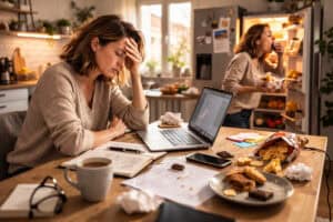 Femme stressée en télétravail, compulsions alimentaires
