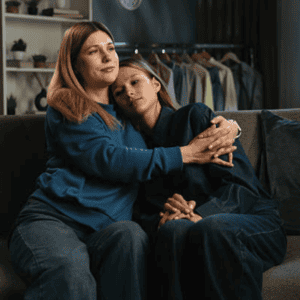 une mère prend sa file dans ses bras