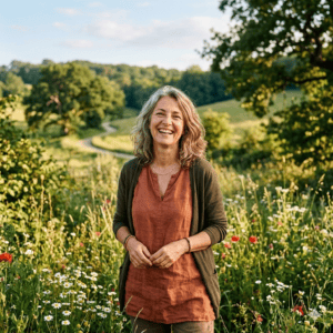 Femme ménopausée, épanouie dans un champ de fleurs