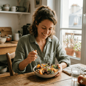 femme qui mange avec plaisir dans cuisine