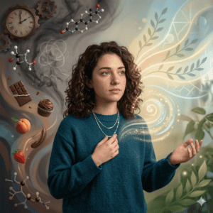 femme la main sur le buste avec spirale lumineuse et aliments au fond