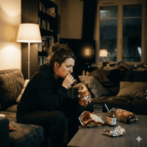 femme crise d'hyperphagie sur canapé le soir 