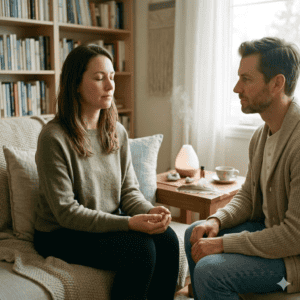 Hypnose thérapeutique dans un cabinet. Une femme a les yeux fermés. 