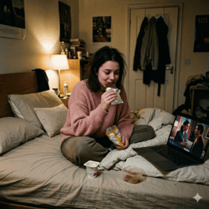 Jeune femme qui mange du chocolat sur son lit devant une série 