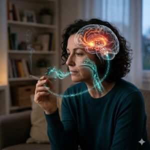 femme qui fume et cerveau en surbrillance